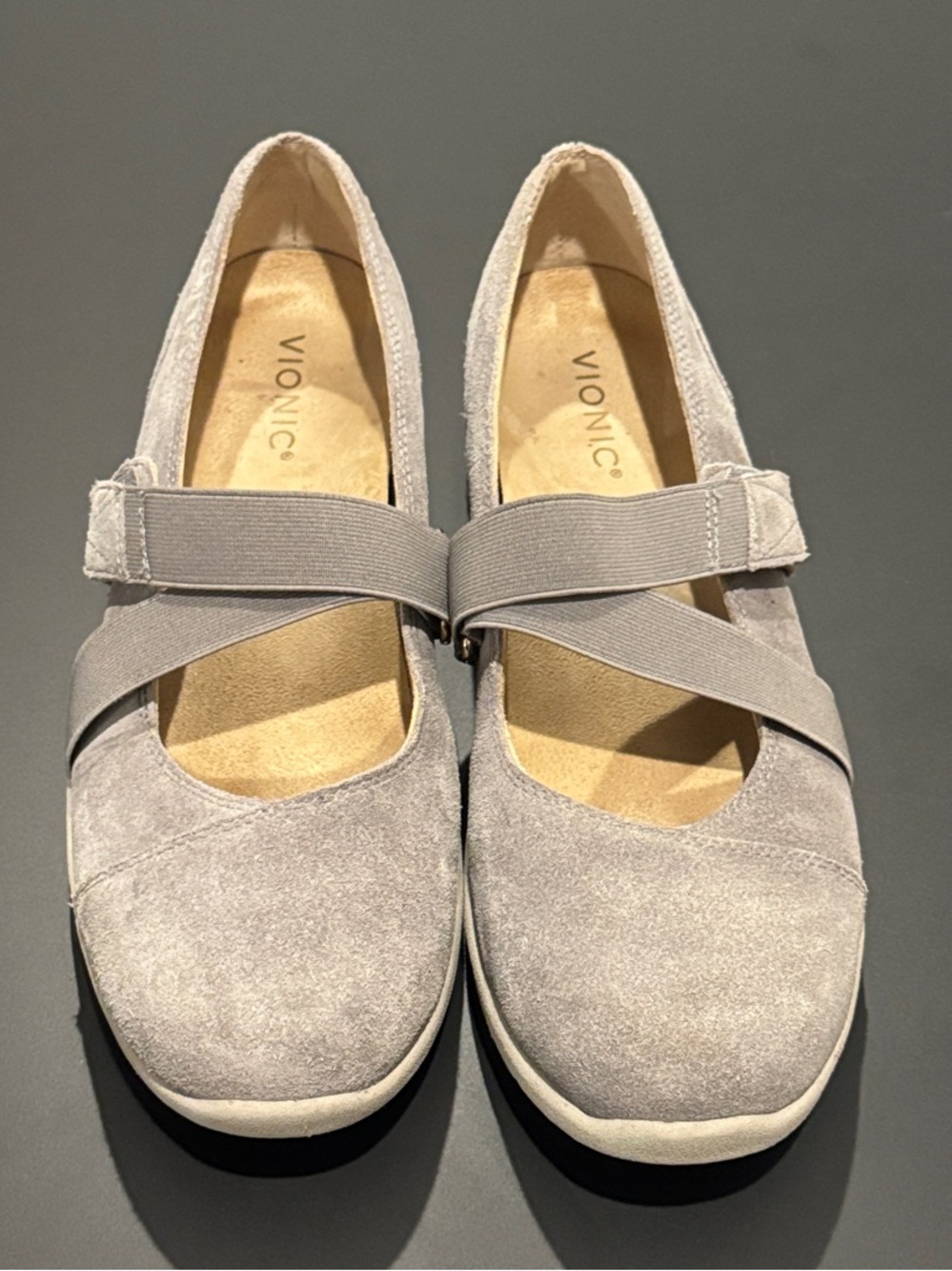 Vionic Light Gray Suede Mary Jane Flats with Elastic Cross Strap
